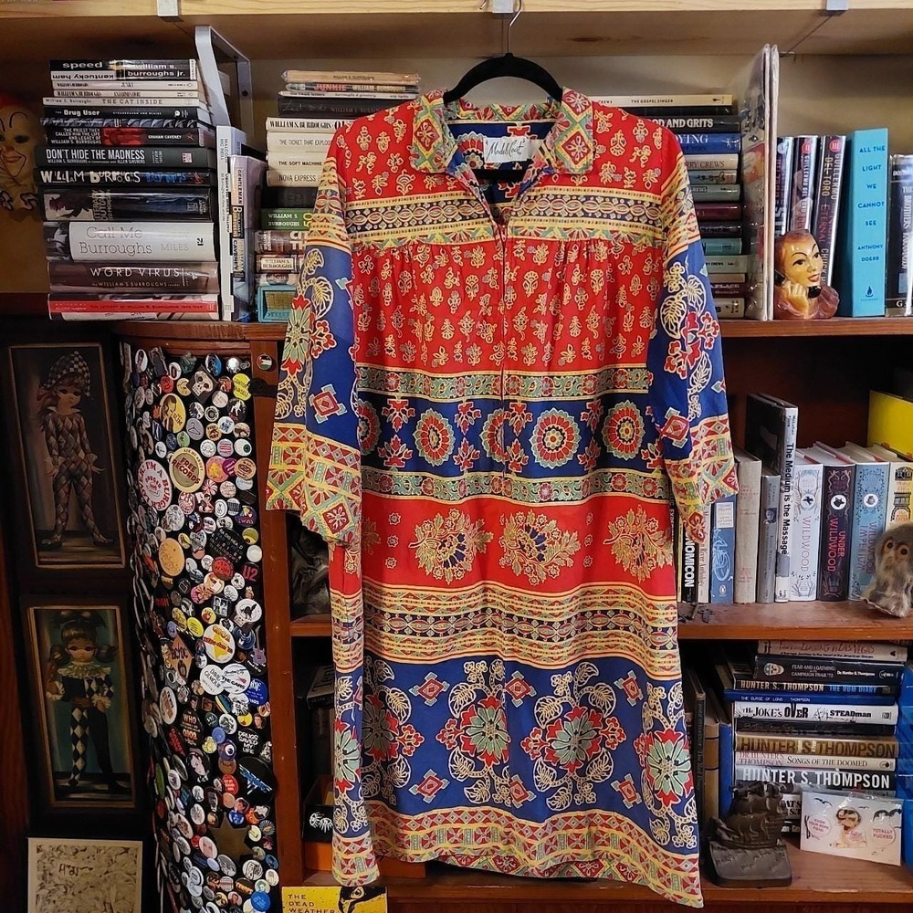 Vintage 70s Neiman Marcus Models Coat Paisley Print 3/4 Zip Day Coat Red Blue OS